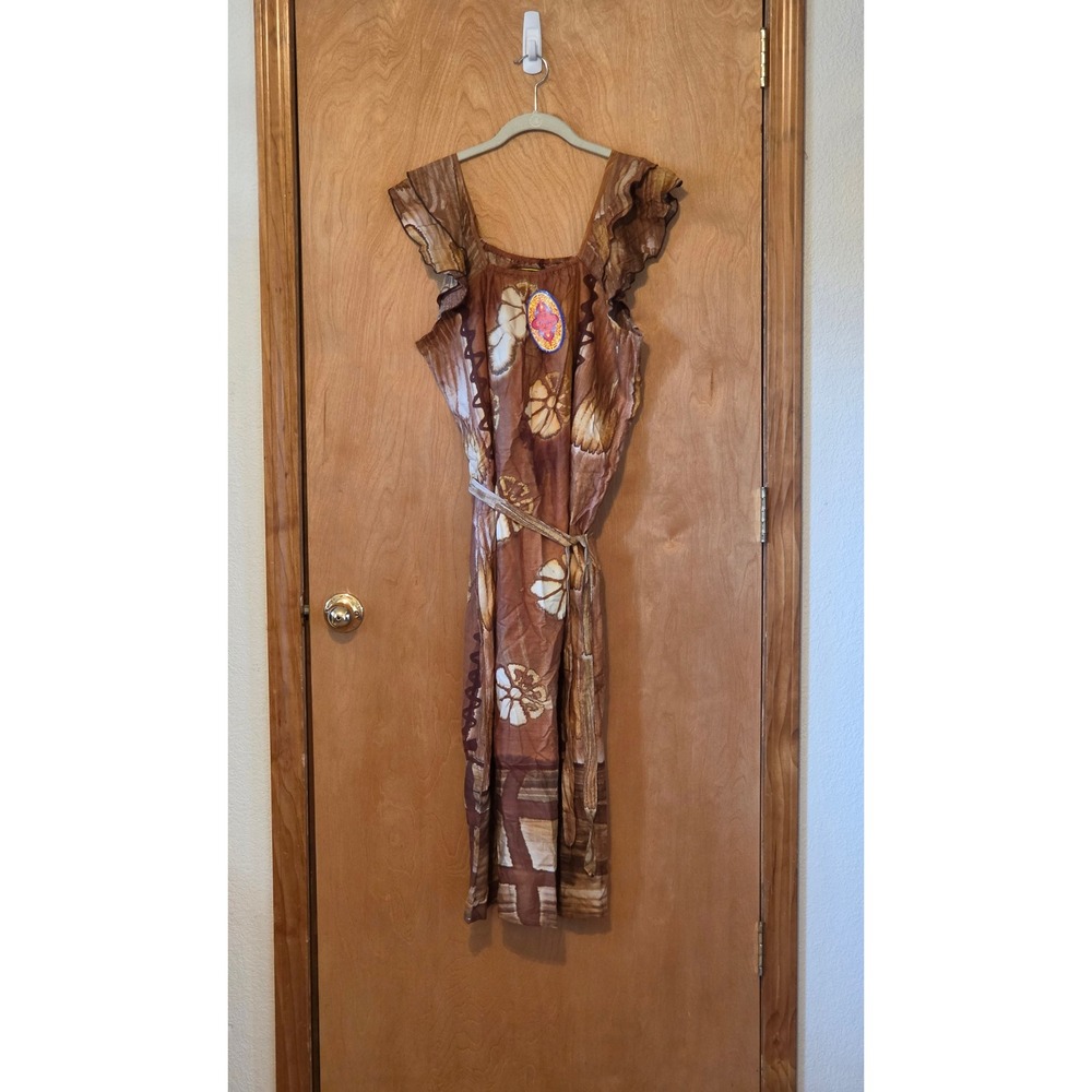 NWT Batik Rosee Brown Floral Sun Dress Ruffle Sleeve Indonesia Deadstock L/XL